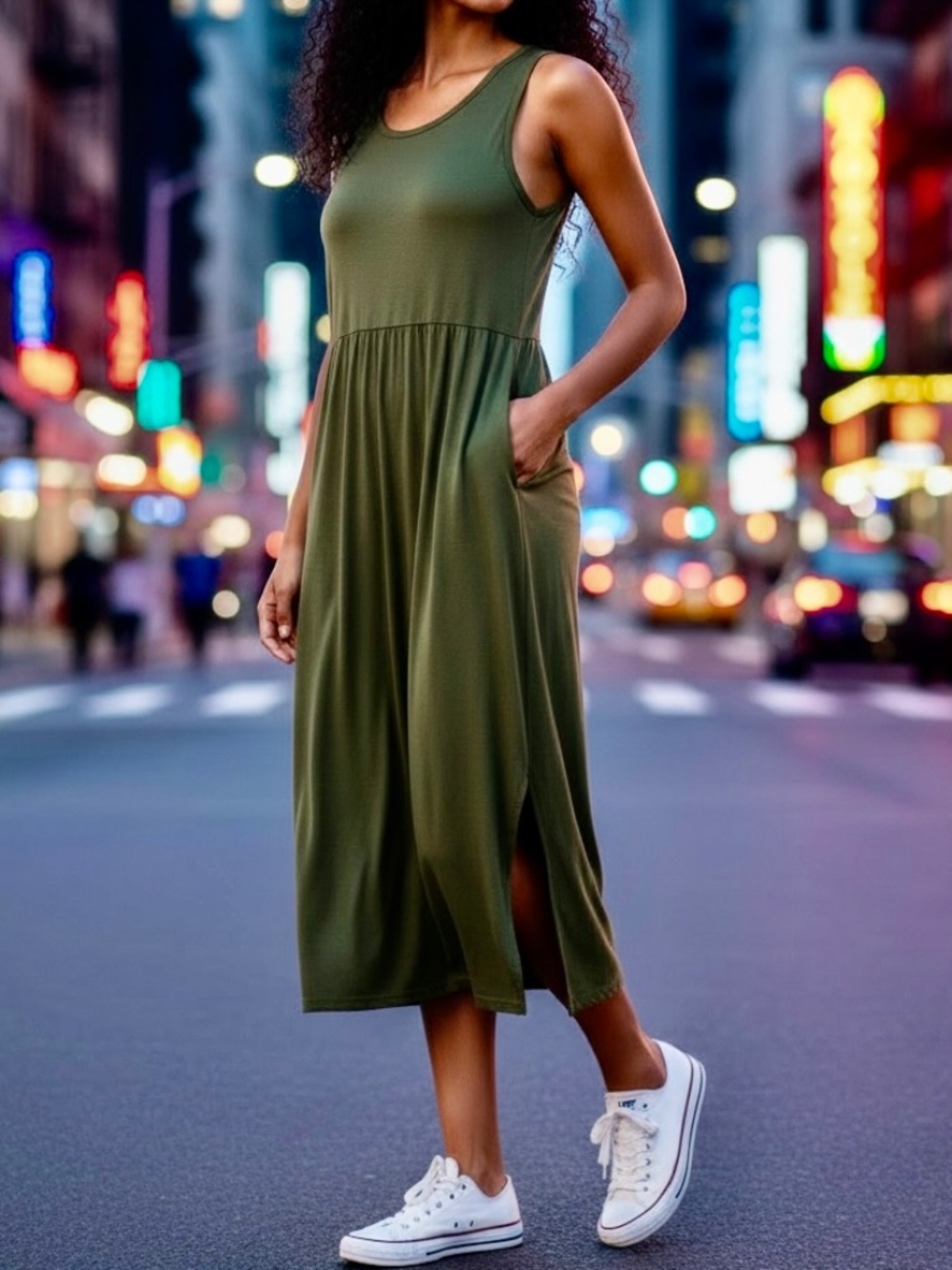 HAVEN WELL WITHIN Olive Green Brushed Cotton Midi Tank Dress – Size XL Women